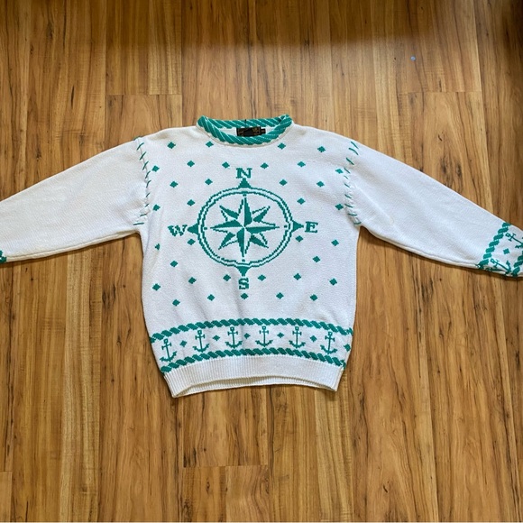 Vintage 90s Eddie Bauer Compass Crewneck Nautical Sailing Cotton Sweater - Picture 2 of 16